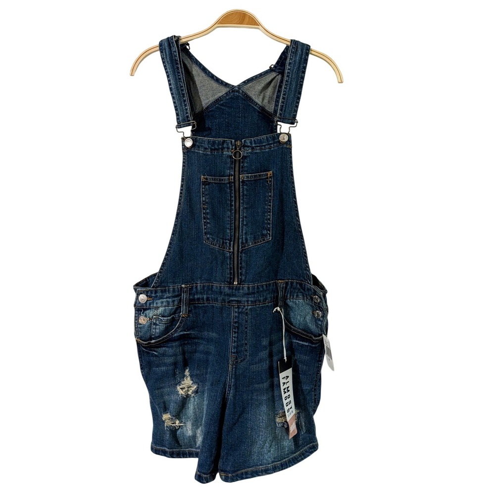 Almost Famous Denim Shortall Overalls Size 11 Distressed Dark Wash Zip Front NWT